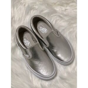 Vans Kids Slip-On Silver Metallic Leather Sneakers Shoes Boys Girls Unisex